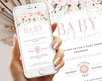 Editable Pink Baby In Bloom Baby Shower Invitation Template Smartphone Baby Shower Evite, Girl Baby Shower Template, Pink Floral Rose #BB56