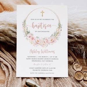 Modèle d'invitation de baptême modifiable, carte d'invitation de baptême rose blush rose, baptême rose pour filles, téléchargement immédiat, #BP28