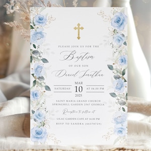Modèle d'invitation de baptême bleu, fleurs bleues, modifiable, carte d'invitation de baptême bleue imprimable, imprimable baptême, téléchargement immédiat #BP173