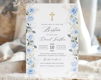 May include: A white baptism invitation with blue watercolor flowers and gold accents. The invitation reads "Please join us for the Baptism of our son Daniel Jonathan, Saturday, March 10, 2025 at 04:00 PM, Saint Maria Grand Church, Springhill Garden 2567 Georgia. Reception to follow at Lilac Garden Cafe at 14:00 PM. RSVP to Sandra (66378729)"