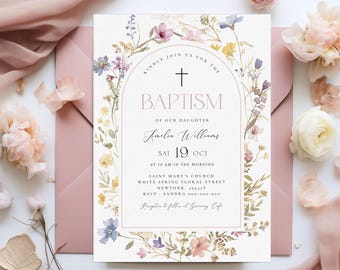 Peut inclure: Une invitation de baptême avec une bordure florale. L'invitation comprend le texte "Baptême de notre fille Amelia Williams" avec la date et l'heure. L'invitation est entourée d'une bordure florale avec des fleurs roses, violettes et jaunes. Une enveloppe rose est en arrière-plan.