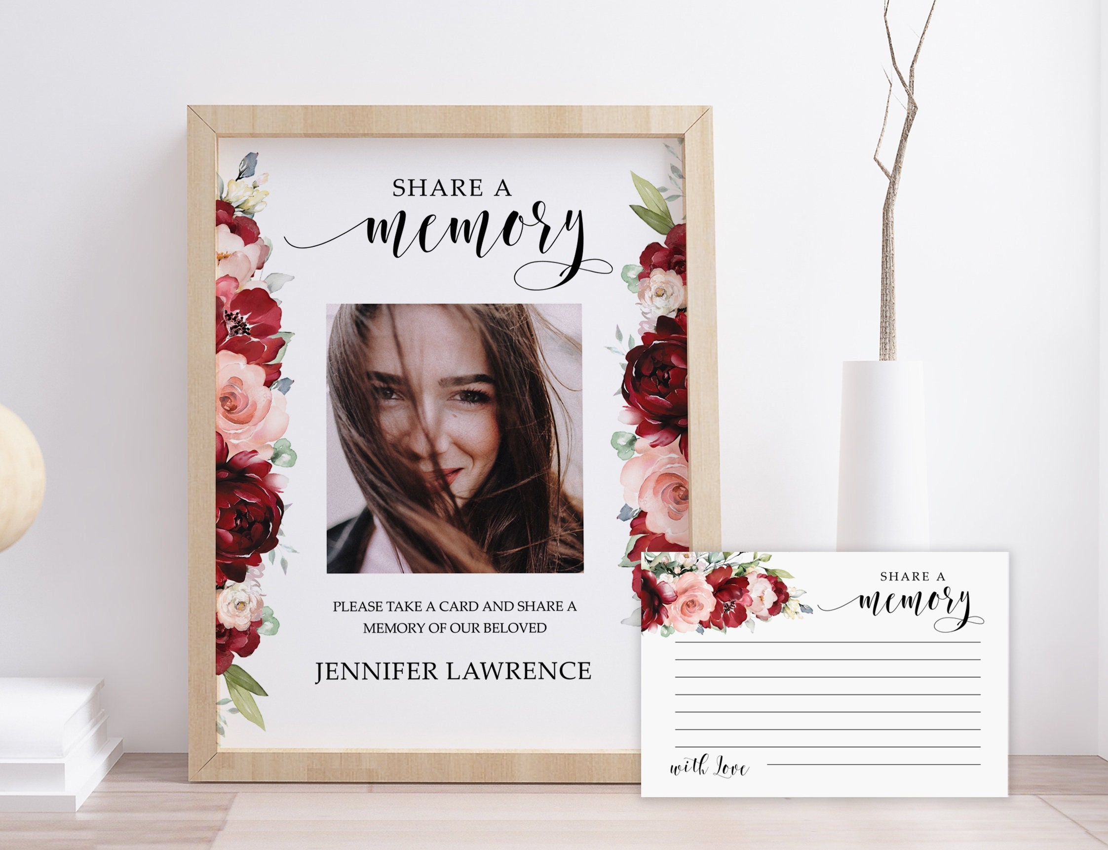 Editable Red Rose Share A Memory Cards & Sign Funeral Memory Card Printable Share A Memory Card ...