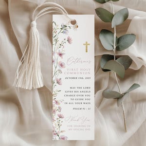 Girls Holy Communion Bookmark Template, Pink Wildflower, Printable Baptism Invite, Instant Download, Baby Christening Invitation, #HC56