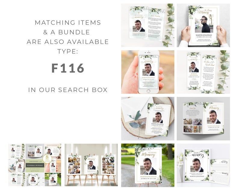 Pu&ograve; includere: Un set di modelli di funerale stampabili con un design floreale verde e bianco. I modelli includono una card commemorativa, un programma, un cartello e un opuscolo. Il testo sui modelli recita "In memoria affettuosa".
