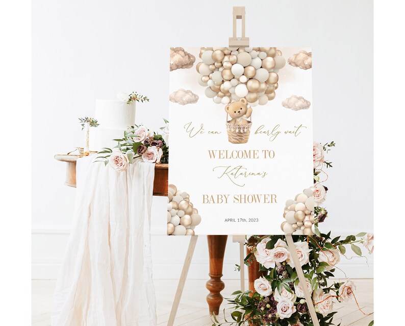 Editable Teddy Bear Theme Baby Welcome Sign, Brown We Can Bearly Wait Sign, Baby Shower Welcome Sign Bear Hot Air Balloons, Instant
