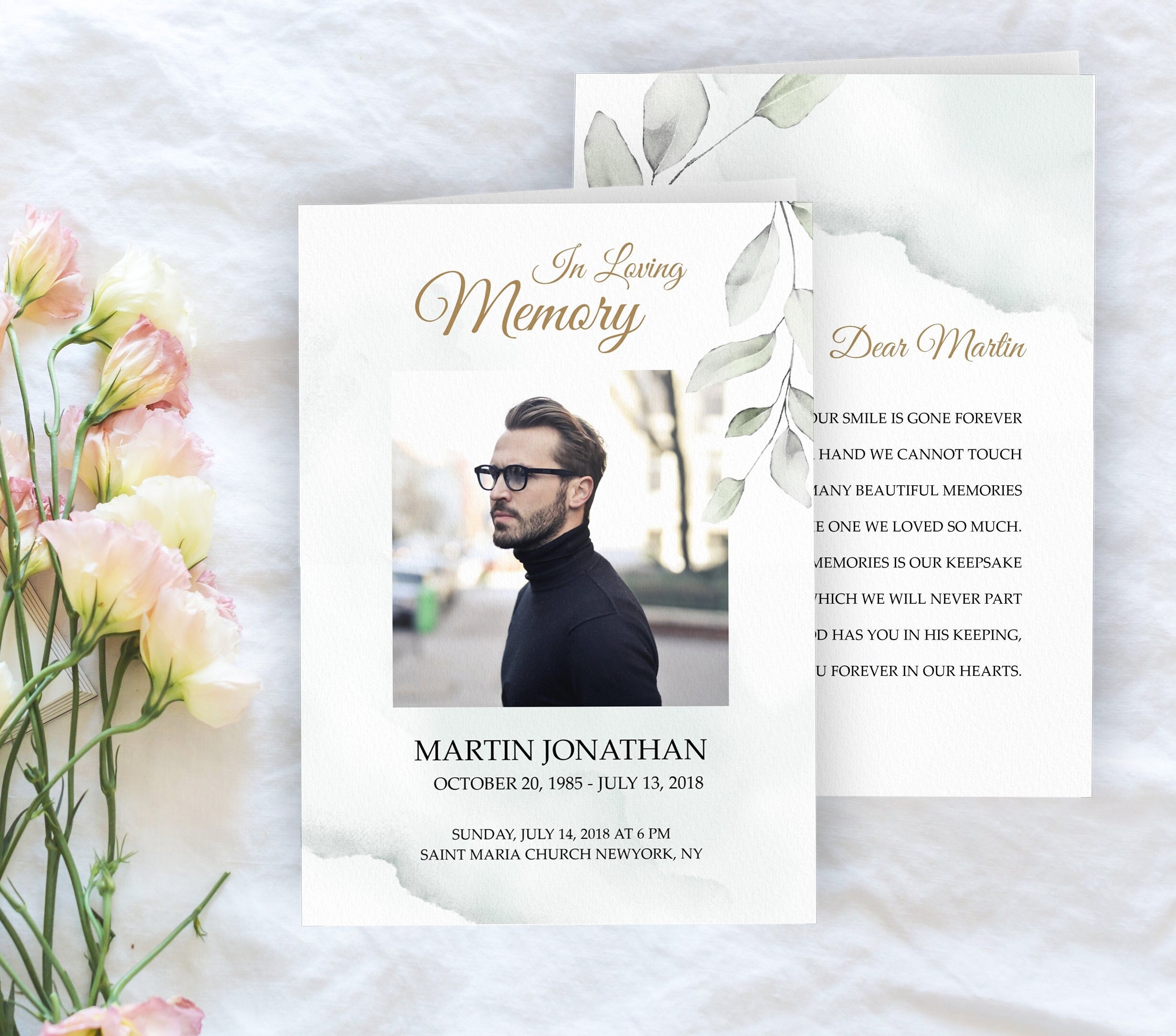 Green Leaves Funeral Program Template, Celebration of Life, Funeral ...