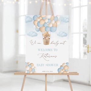 Cartello di benvenuto per baby shower con palloncino orso bruno modificabile, poster per baby shower "We Can Bearly Wait", decorazione per baby shower con orso blu boho BB53