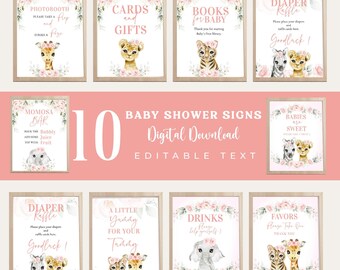 May include: A set of ten baby shower signs with floral and animal illustrations. The signs include phrases like "Photobooth," "Cards & Gifts," and "Diaper Raffle." The signs are digital downloads with editable text.
