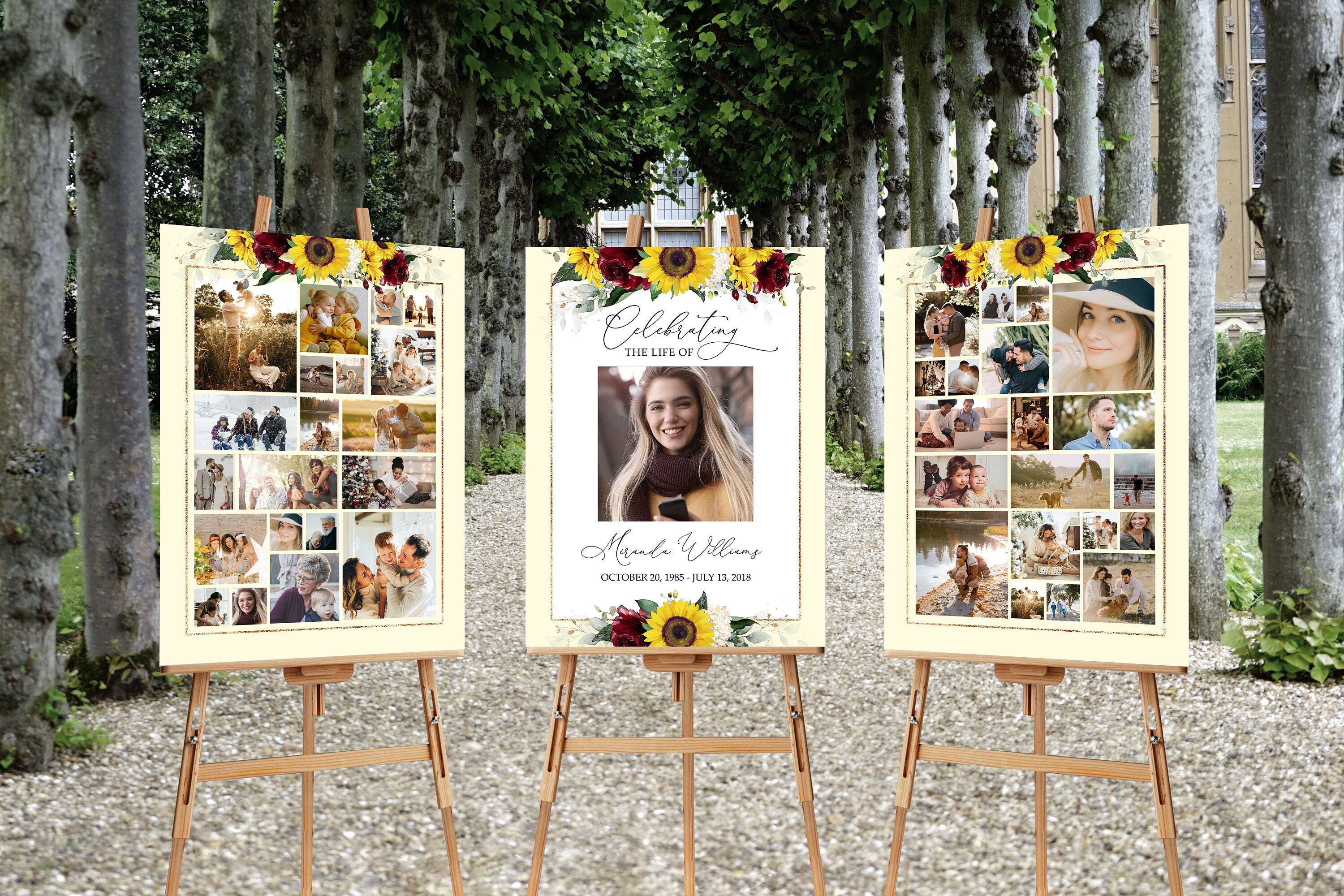 Sign Collage Design Editable SET Funeral Sign Collage Templates, Yellow Sunflower Funeral ...