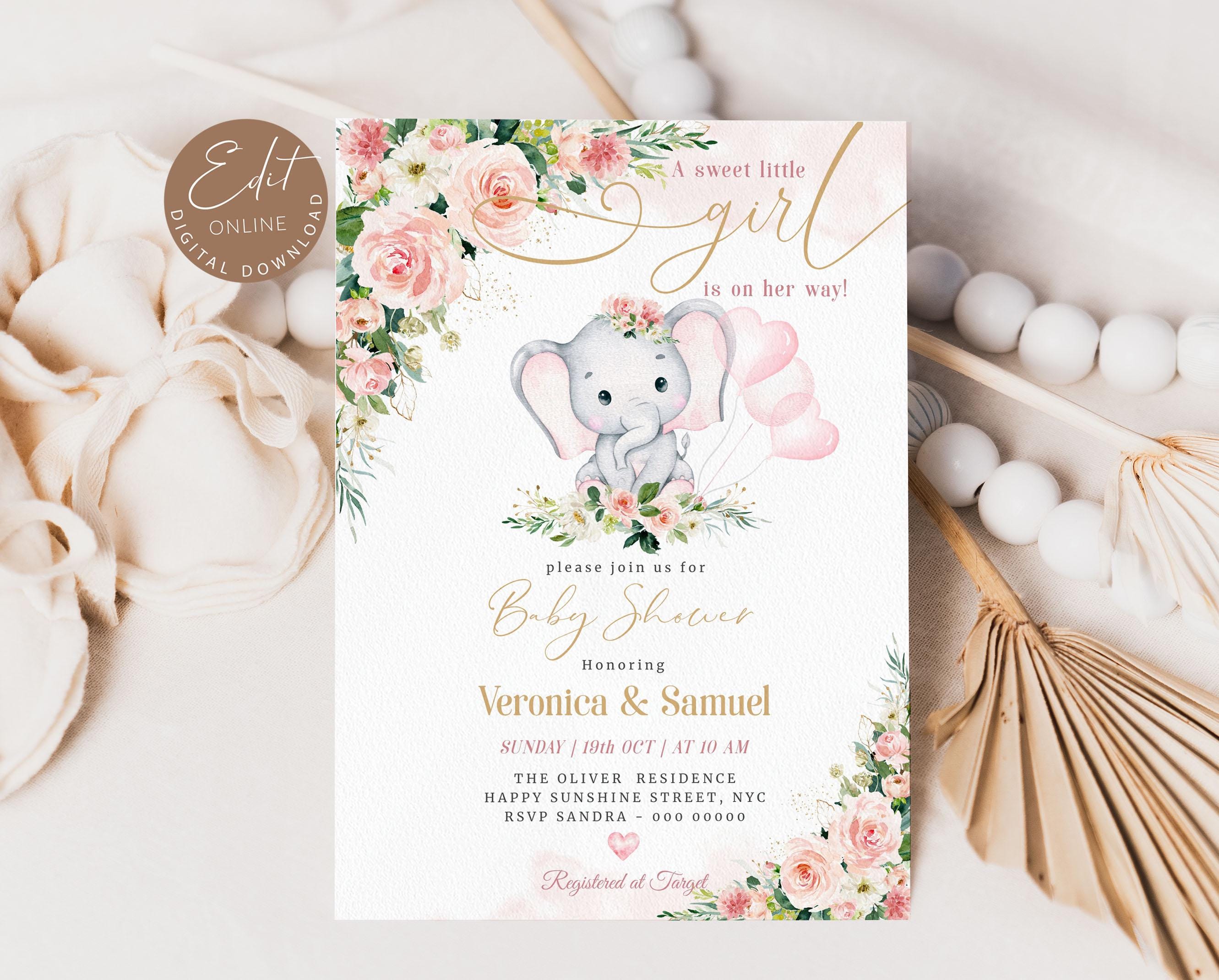 Editable Elephant Baby Shower Invitation Template, Blush Pink Rose Baby ...