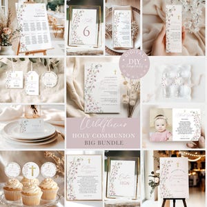 May include: A digital printable bundle for a Holy Communion celebration with a floral theme. The bundle includes a welcome sign, table numbers, place cards, and a sign that says "Our Sign". The design features a watercolor floral pattern with pink and white flowers and green leaves.