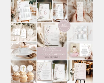 Girls First Holy Communion Bundle Template, Pink Wildflower Holy Communion, Printable Holy Communion Bundle, Editable, Instant Download HC56