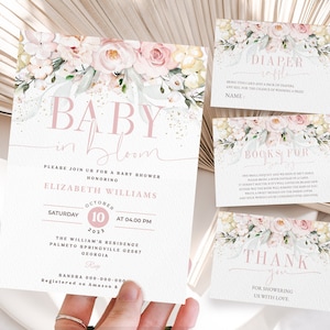 Editable Pink Floral Baby in Bloom Baby Shower Invitation Bundle Girl Floral Baby Shower Invite Set, Pink Floral Shower Invite Instant BB56
