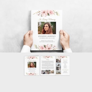 Plantilla editable del programa funerario Rosas rosadas, Programa de servicio conmemorativo floral, Tamaño de la carta del programa obituario, Celebración de la vida, F11