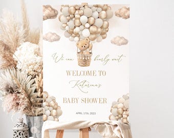 Editable Teddy Bear Theme Baby Welcome Sign, Brown We Can Bearly Wait Sign, Baby Shower Welcome Sign Bear Hot Air Balloons, Instant #BB29