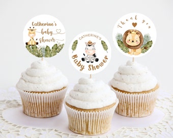 Editable Jungle Cupcake Toppers Jungle Baby Shower Lindo Safari Animales Baby Shower Decoración de alimentos Imprimible Topper Descarga instantánea #BB15
