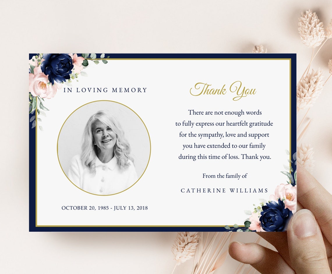 Elegant Funeral Thank You Card Template Navy Blush Pink Roses Editable ...