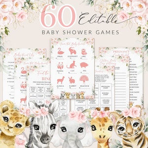 Pink Safari Baby Shower Games Bundle Jungle Baby Shower Editable Safari Girl Baby Shower Games Instant Download Printable Games safari #BB47