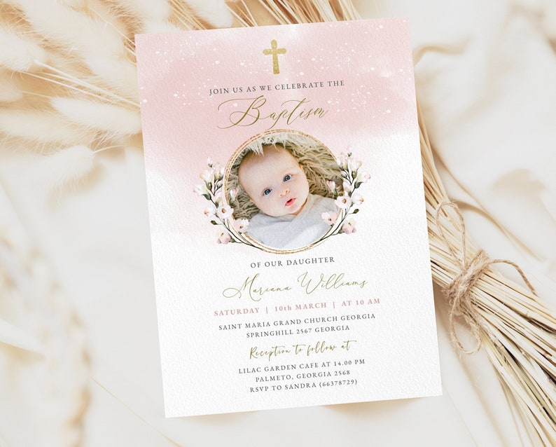 Baby Girl Baptism Invitation Template, Pink Flowers, Editable, Pink