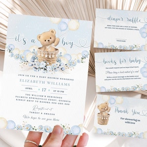 Editable Bear Balloon Baby Shower Invitation Bundle, We Can Bearly Wait Baby Shower Invite, Blue Boy Boho Bear Baby Shower, #BB254
