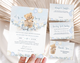 Editable Bear Balloon Baby Shower Invitation Bundle, We Can Bearly Wait Baby Shower Invite, Blue Boy Boho Bear Baby Shower, #BB254