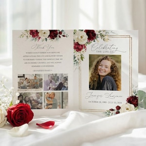 Modèle élégant de programme d'enterrement floral | Programme commémoratif de la rose rouge | Ordre de service modifiable en deux volets | Téléchargement instantané #F45