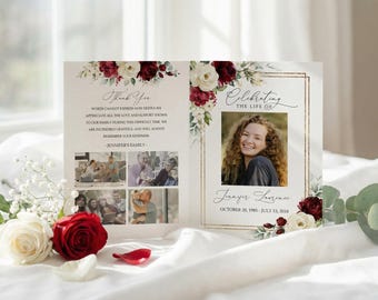 Elegante Blumen Beerdigung Programm Vorlage | Rote Rosen-Gedenkprogramm | Bearbeitbar Bi-facher Auftrag des Service | Sofortiger Download #F45