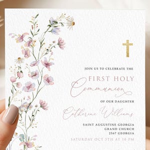 Girls First Communion Invitation Template, Pink Wildflower First Communion, Printable Invite, Instant Download, Editable Invitation