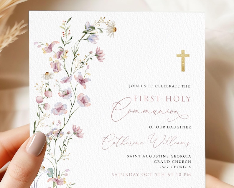 Girls First Communion Invitation Template, Pink Wildflower First Communion, Printable Invite, Instant Download, Editable Invitation