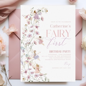 Invito modificabile per il primo compleanno della fata dei fiori selvatici, invito per il primo compleanno della fata, invito per il compleanno del giardino incantato, compleanno stravagante BD37