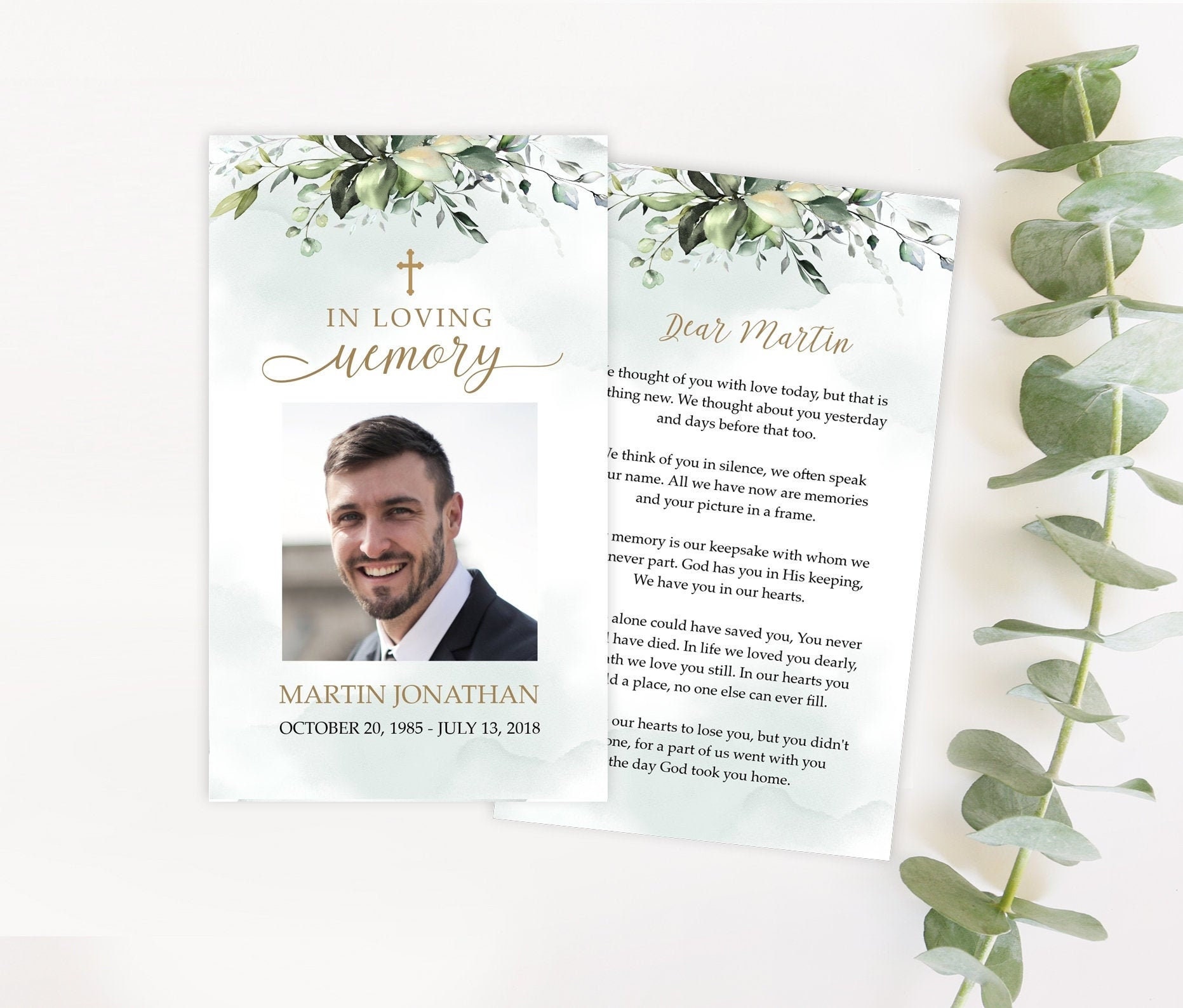 Prayer Card Template, Memorial Prayer Card, Greenery Funeral, Prayer Poem, Obituary, 100% Editable, Instant Download #F116