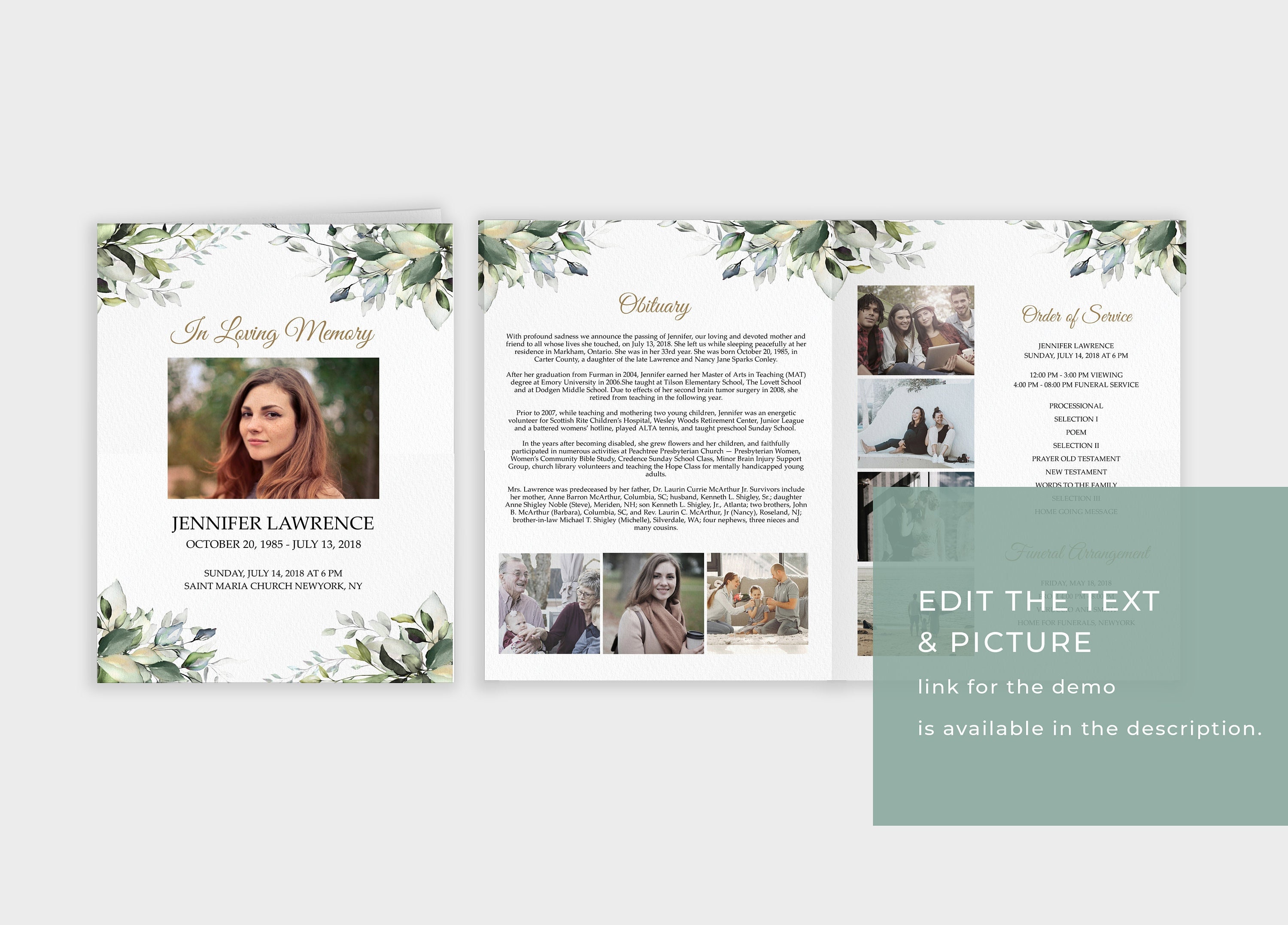 Editable Funeral Program Template Leaves Greenery Watercolour, Floral ...