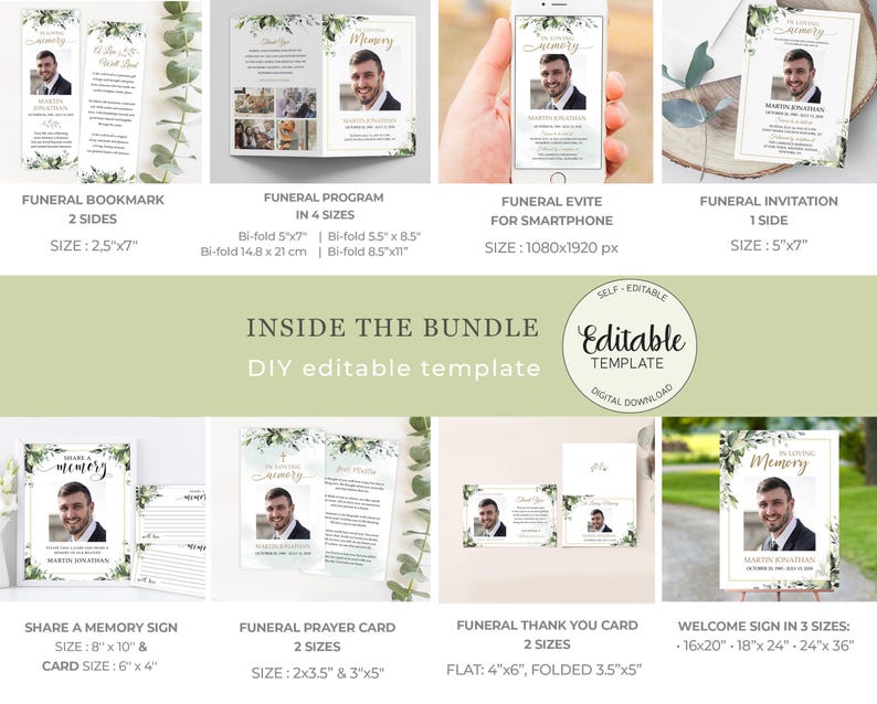 Editable Funeral Bundle Template Leaves Greenery For Men Botanical Celebration of Life Bundle Man Printable In Loving Memory Package #F116 image 8