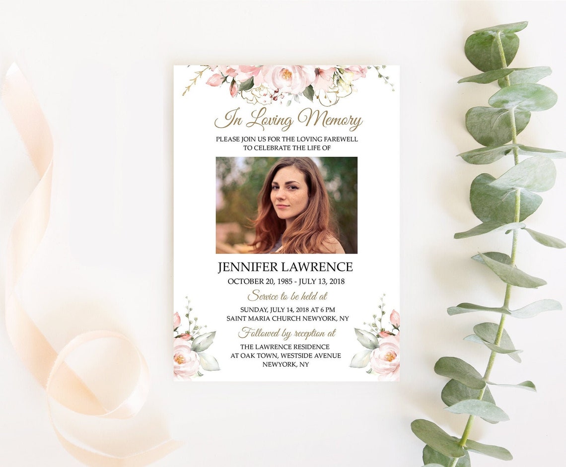 Funeral Invitation Funeral Announcement Template Blush Pink Rose Floral