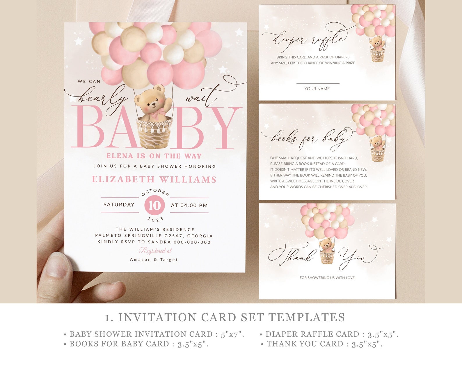 Pink Bear Baby Shower Bundle Air Balloon Invitation Bundle Pink Girl ...