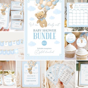 Bear Balloon Baby Shower Invitation Bundle, We Can Bearly Wait Blue Baby Shower Invite Games Sign Bundle, Bear Boy Baby Shower, #BB42