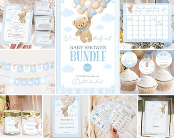 Bear Balloon Baby Shower Invitation Bundle, We Can Bearly Wait Blue Baby Shower Invite Games Sign Bundle, Bear Boy Baby Shower, #BB42
