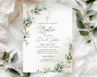 Greenery Christening Invitation Boy Baptism Invitation Template Green Christening Invite Template Greenery Evite #BP159