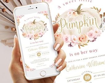 A Little Pumpkin Smartphone Baby Shower Invitation template, Pink Girl Baby Shower Template Evite, Baby Shower E-vite, Editable invite #BB64