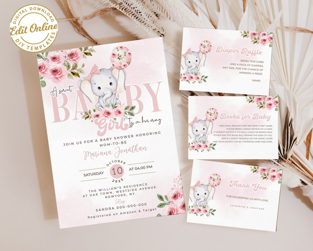 EDITABLE Blush Pink Rose Elephant Baby Shower Invitation Template Girl ...