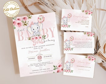 May include: Pink and green baby shower invitation with a cute elephant illustration. The invitation includes the text "A sweet baby girl is on her way" and details for the event, including the date, time, and location.
