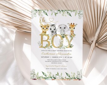 Faire-part de shower de bébé Safari Oh Boy modifiable, invitation de shower de bébé dans la jungle, Invitation animaux de safari de la jungle dans la verdure, modèle imprimable BB77
