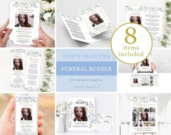 Funeral Bundle Template Floral Dusty Soft Blue and White Roses Celebration of Life Templates Printable In Loving Memory Suite #F29