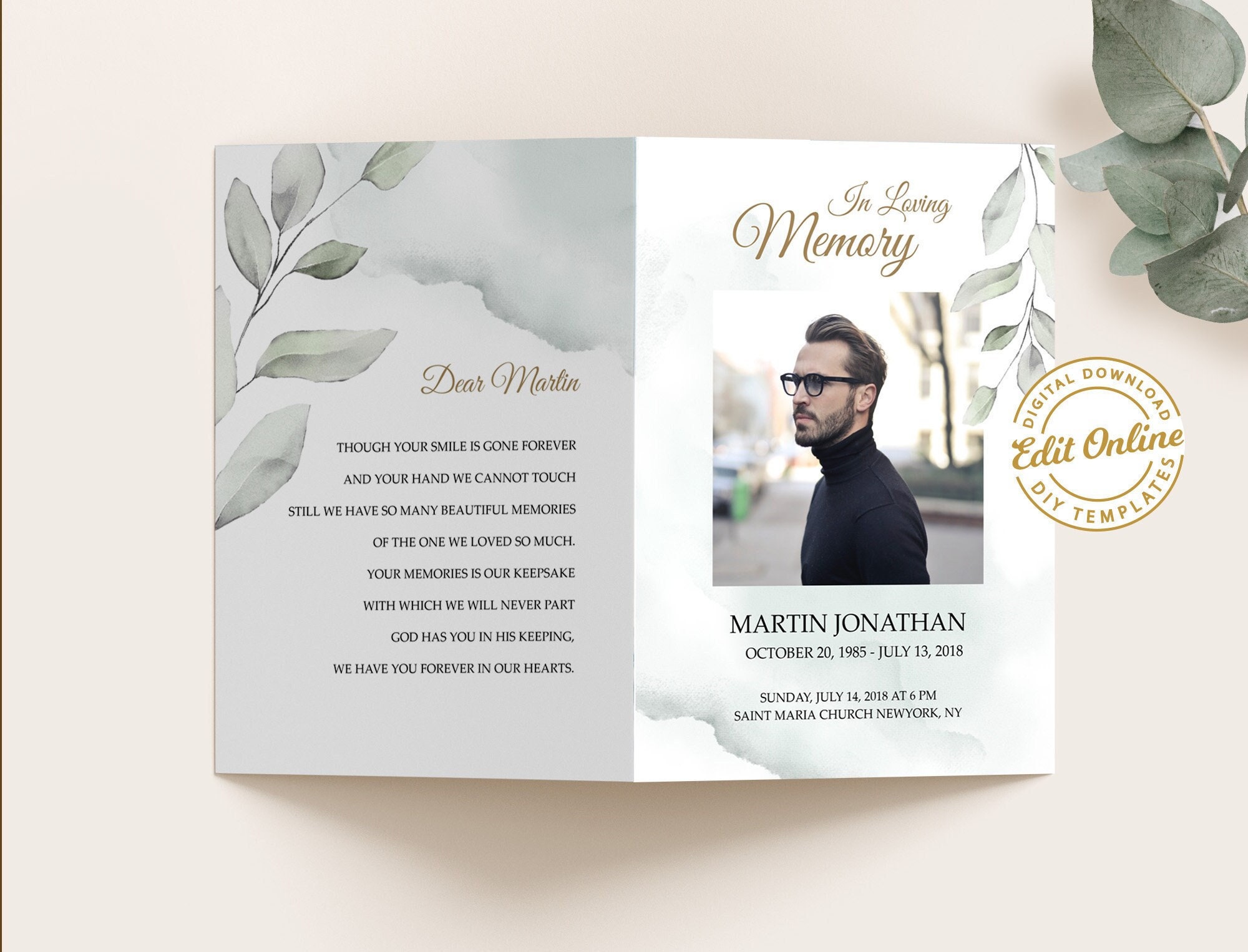 Green Leaves Funeral Program Template, Celebration of Life, Funeral ...