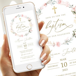 This is an editable smartphone baptism invitation/ announcement template with boho pink flower that you can instantly edit, download and print yourself. This does not require any program or fonts to download.