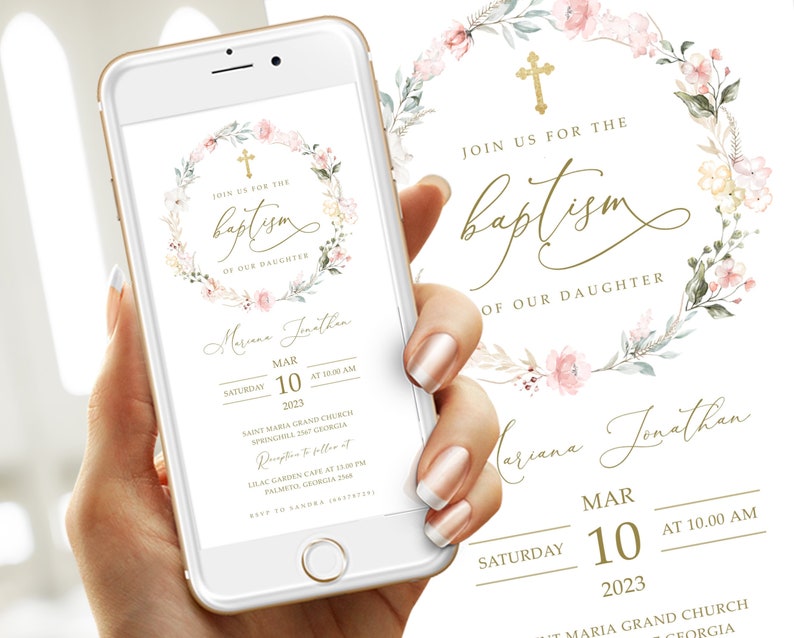 This is an editable smartphone baptism invitation/ announcement template with boho pink flower that you can instantly edit, download and print yourself. This does not require any program or fonts to download.