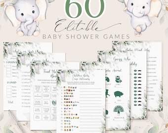 Può includere: Un set di giochi per baby shower stampabili con una simpatica illustrazione di elefante. I giochi includono "What's on Your Phone", "Guess Who", "Baby Mad Libs", "Find the Bin" e "Children's Books Emoji Dictionary".