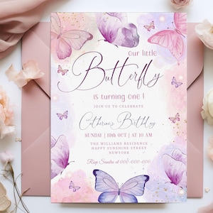 Convite de aniversário de borboleta rosa, convite de borboleta para menina, convite de aniversário de borboleta roxa, modelo de borboleta para jardim de menina BD86