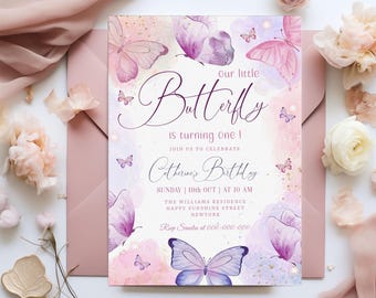 May include: A pink and purple watercolor invitation with butterflies and glitter. The text reads "Our little Butterfly is turning one! Join us to celebrate Catherine's Birthday. Sunday | 19th Oct | At 10 AM The Williams Residence Happy Sunshine Street New York RSVP Sondra at 000-000-000"