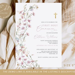 Girls First Communion Invitation Template, Pink Wildflower First Communion, Printable Invite, Instant Download, Editable Invitation